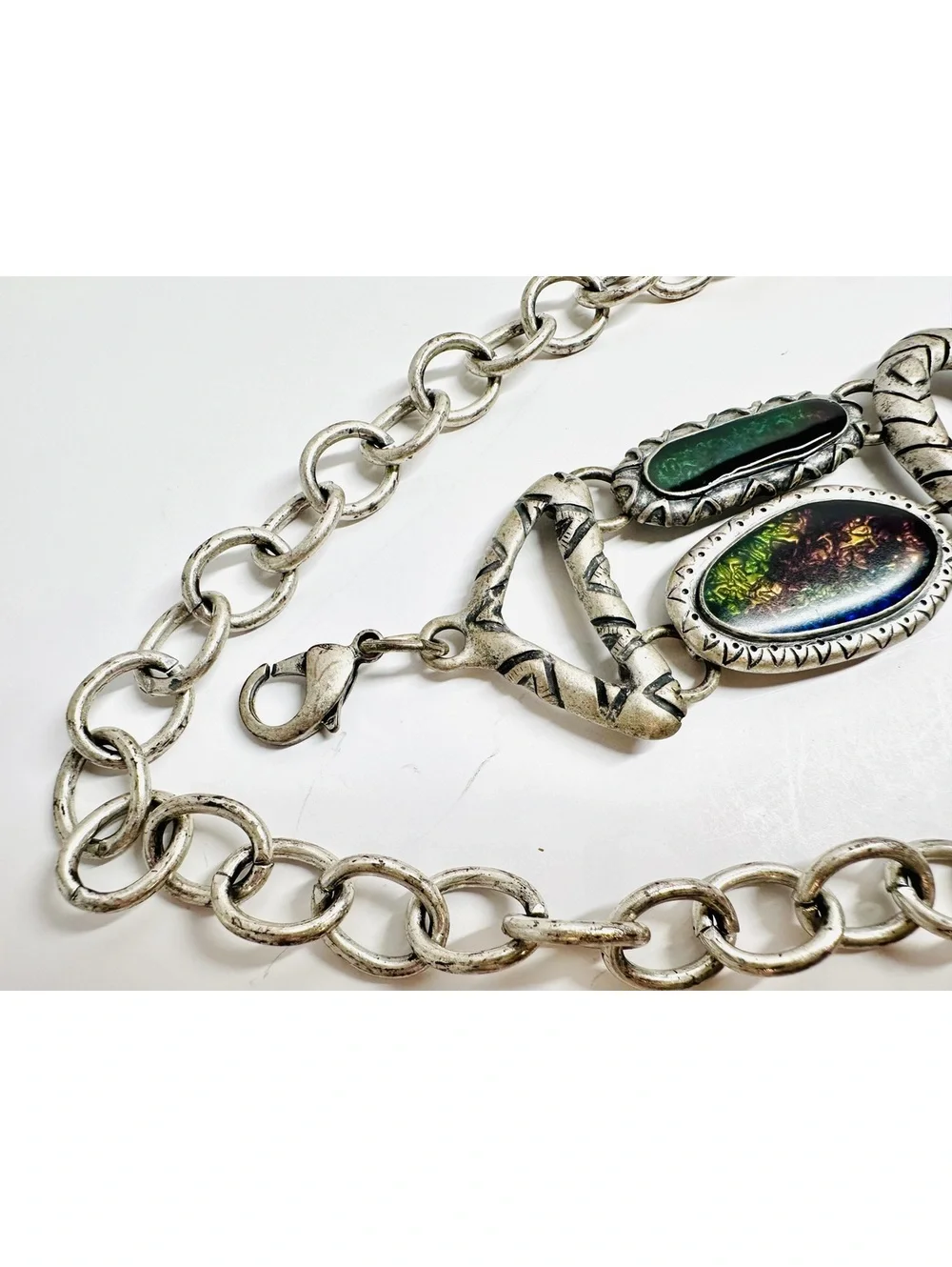 Vintage Chico’s Adjustable Chain Belt Enamel Dichroic Glass Metal Medallions
